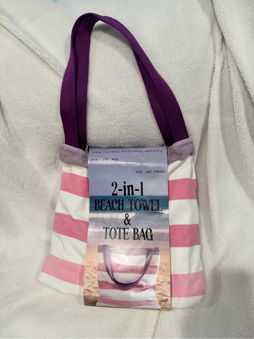 Costco 2-in-1 Pink Stripe Beach Towel Tote Bag 100% Cotton 40x72 NWT
